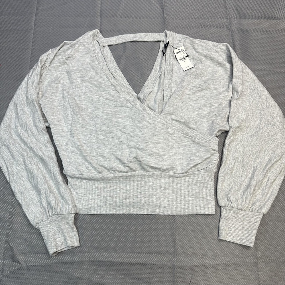 Express Sweater Womens Small Gray Wrap Front Cropped V Neck Top Night Out